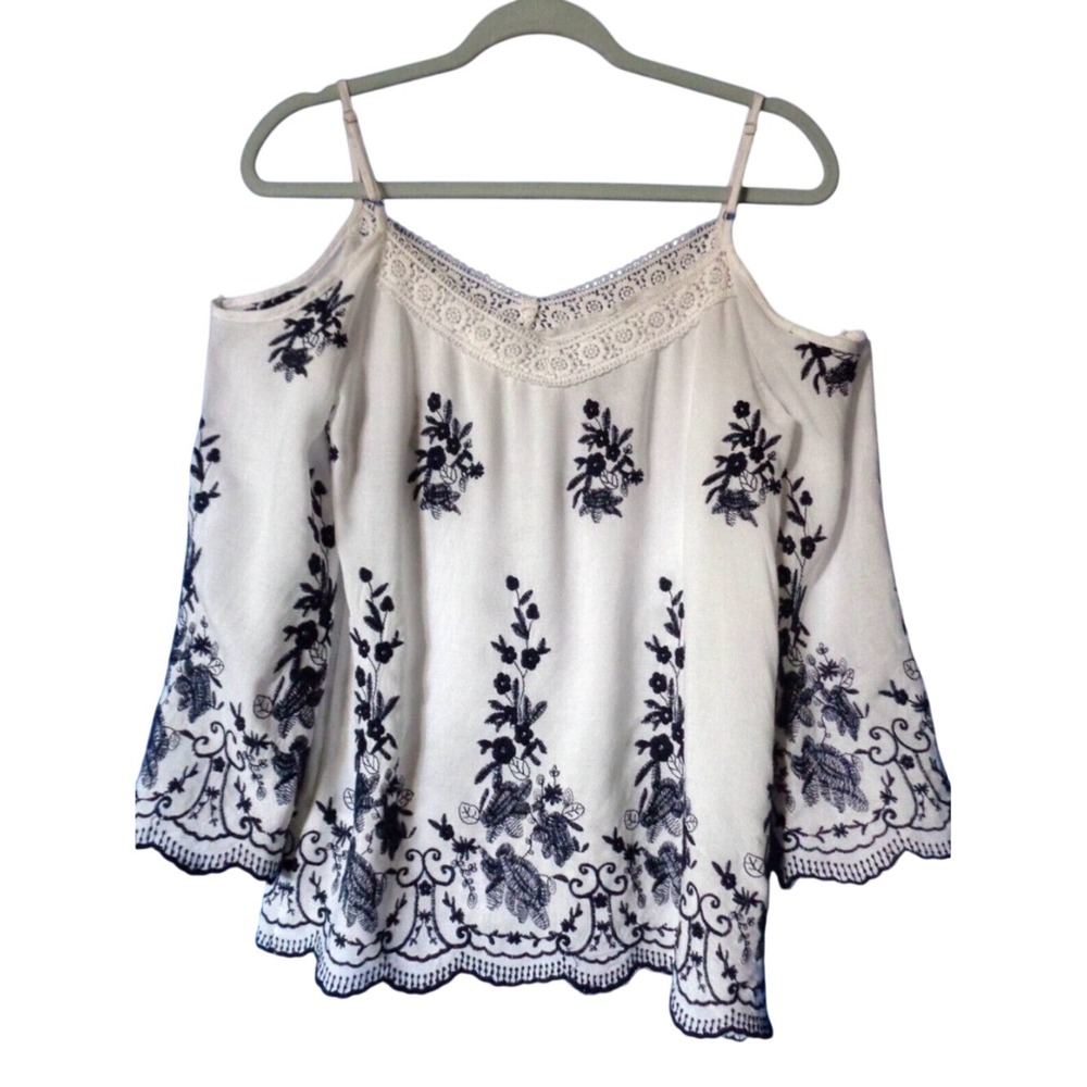 mine White Cami Top with Navy Floral Embroidery